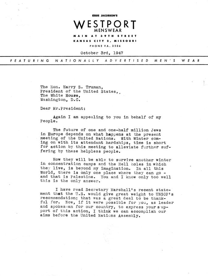 Correspondence between Harry S. Truman and Eddie Jacobson