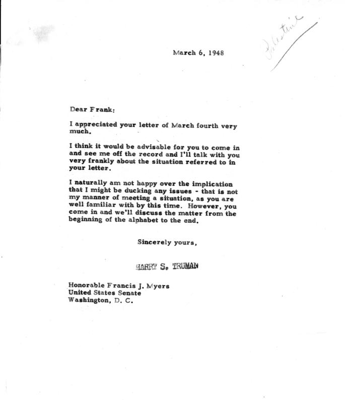 Correspondence between Francis J. Myers and Harry S. Truman