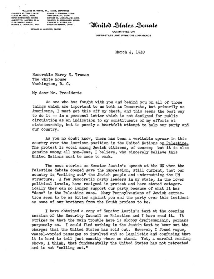 Correspondence between Francis J. Myers and Harry S. Truman