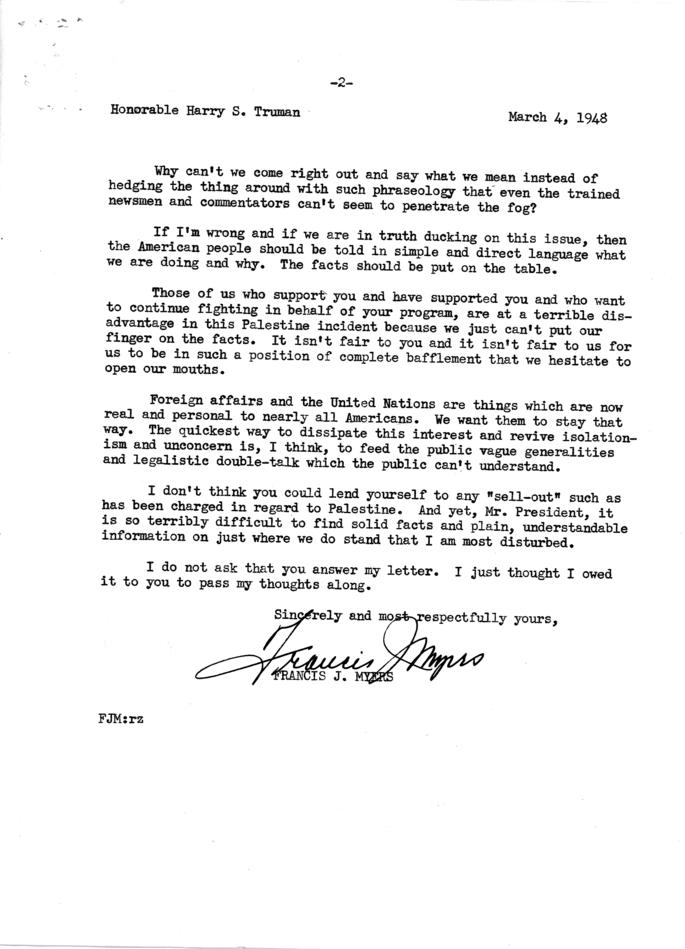 Correspondence between Francis J. Myers and Harry S. Truman