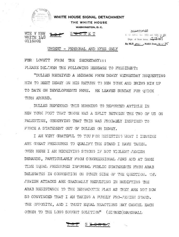 Telegrams between Robert Lovett, George Marshall, and Harry S. Truman