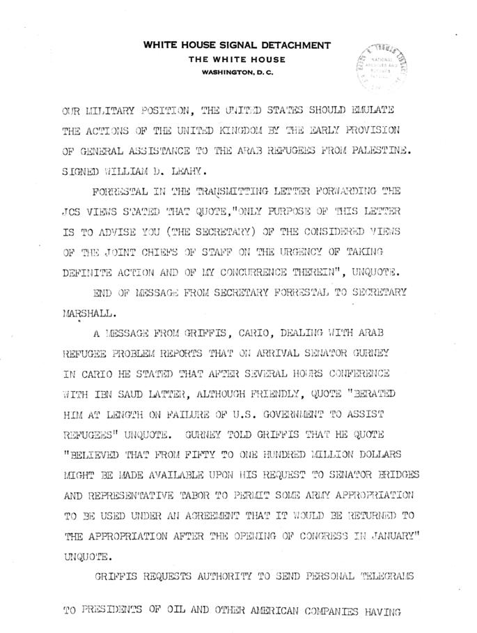 Telegrams between Robert Lovett, George Marshall, and Harry S. Truman