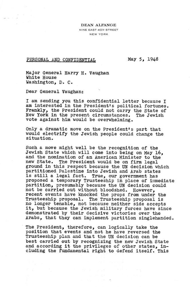 Correspondence between Dean Alfange, Harry Vaughan, and Harry S. Truman