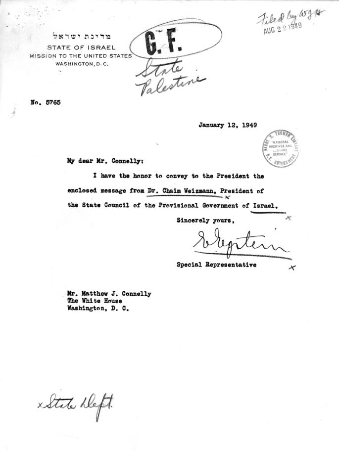 Correspondence between Eliahu Epstein, Chaim Weizmann, and Harry S. Truman, with related material