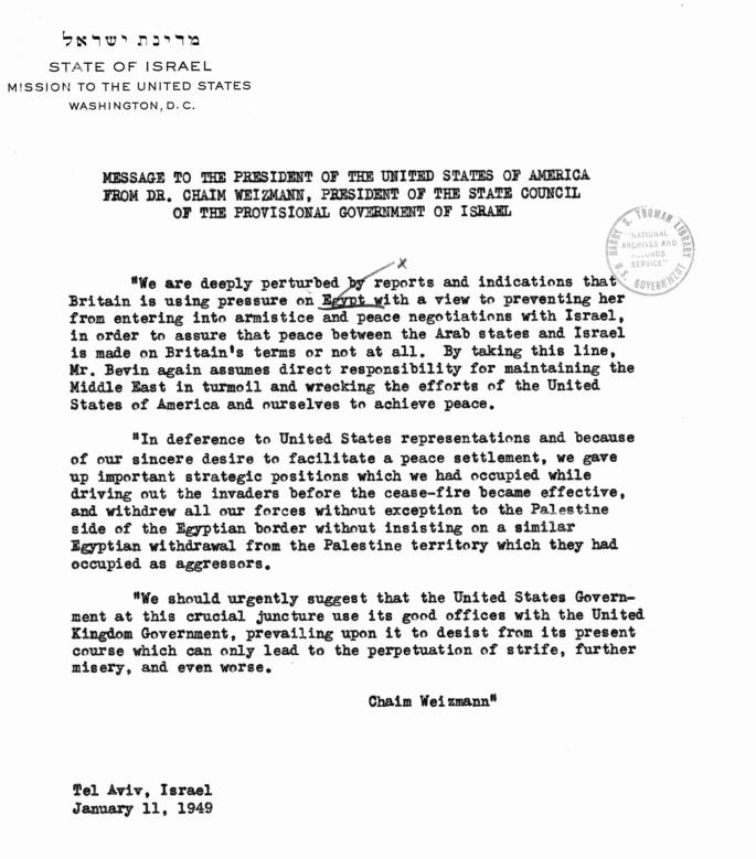 Correspondence between Eliahu Epstein, Chaim Weizmann, and Harry S. Truman, with related material