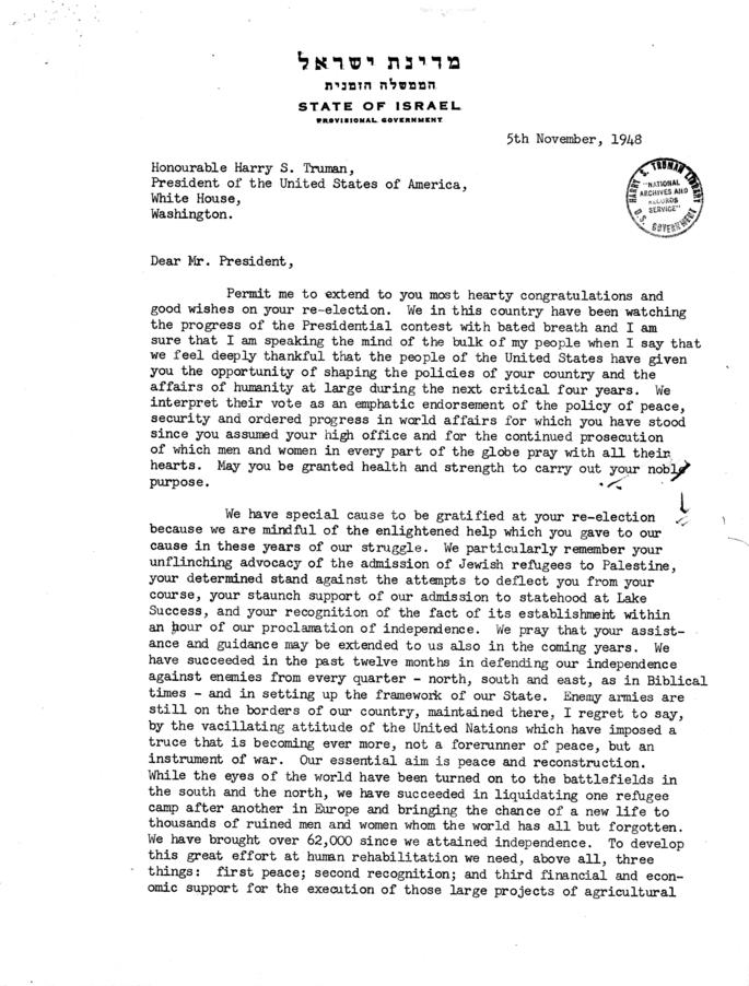 Correspondence between Eliahu Epstein, Chaim Weizmann, and Harry S. Truman, with related material