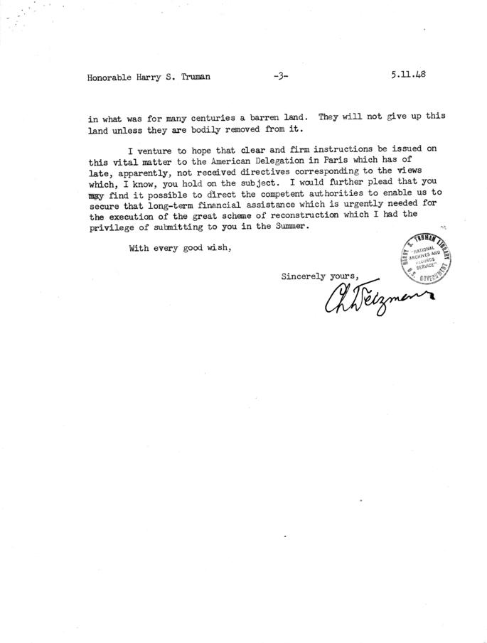 Correspondence between Eliahu Epstein, Chaim Weizmann, and Harry S. Truman, with related material