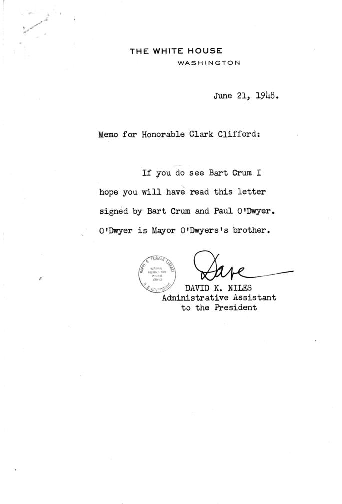 David Niles to Clark Clifford, with attachment