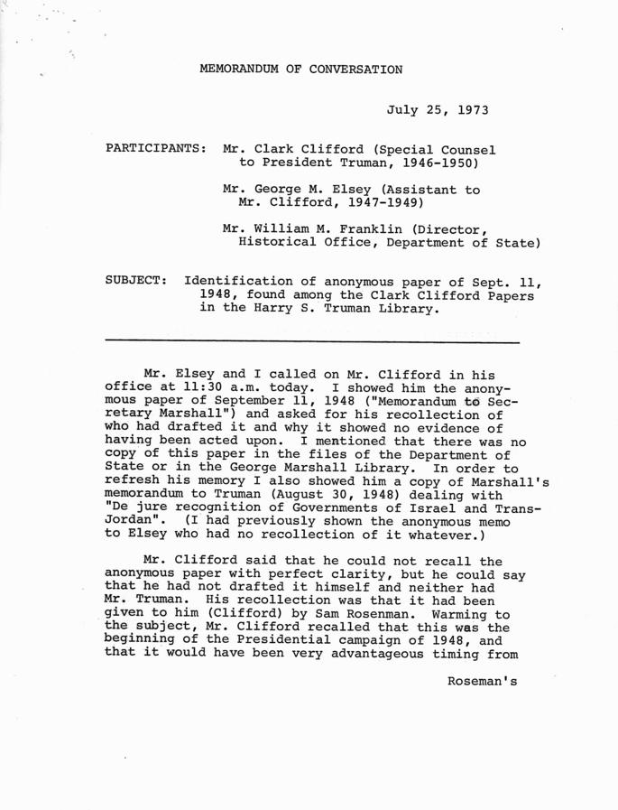 Memo to George Marshall and Explanatory notes by William Franklin