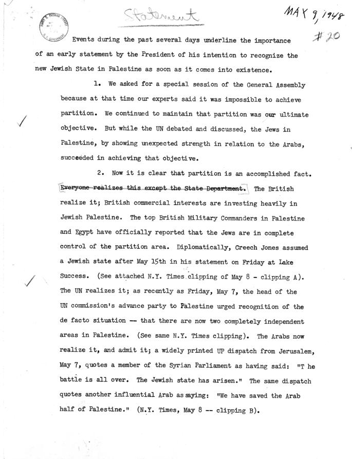 Memo supporting a Statement by Truman recognizing Israel