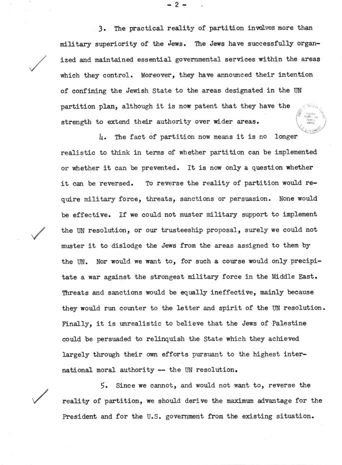 Memo supporting a Statement by Truman recognizing Israel