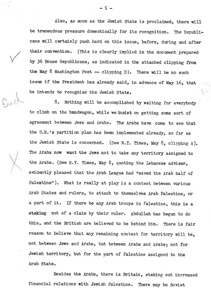 Memo supporting a Statement by Truman recognizing Israel