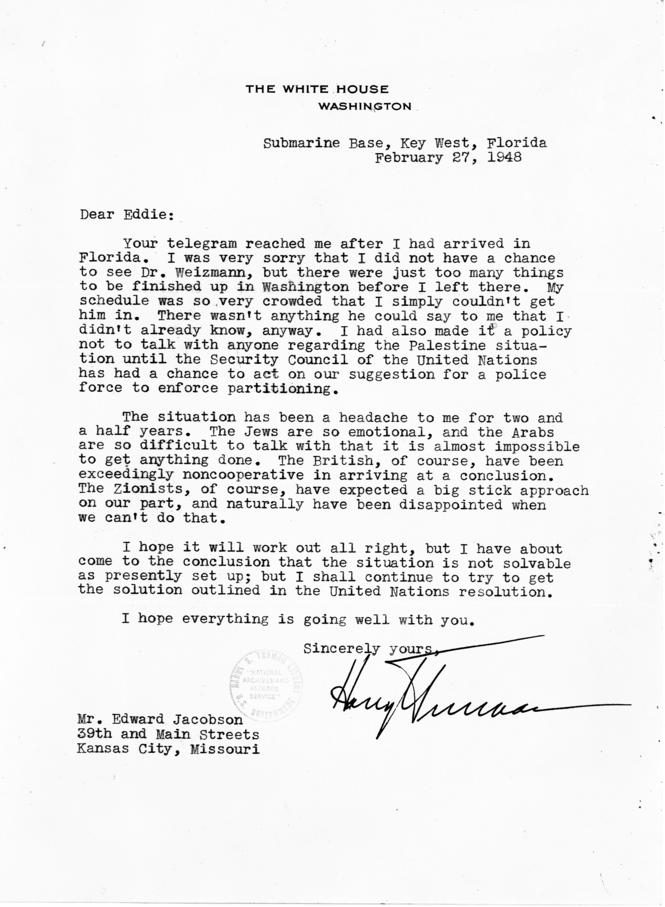 Harry S. Truman to Eddie Jacobson