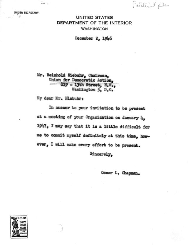 Correspondence between Oscar Chapman and Reinhold Niebuhr