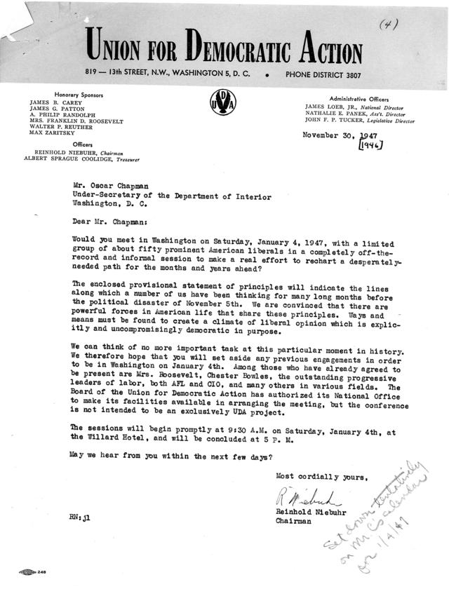 Correspondence between Oscar Chapman and Reinhold Niebuhr