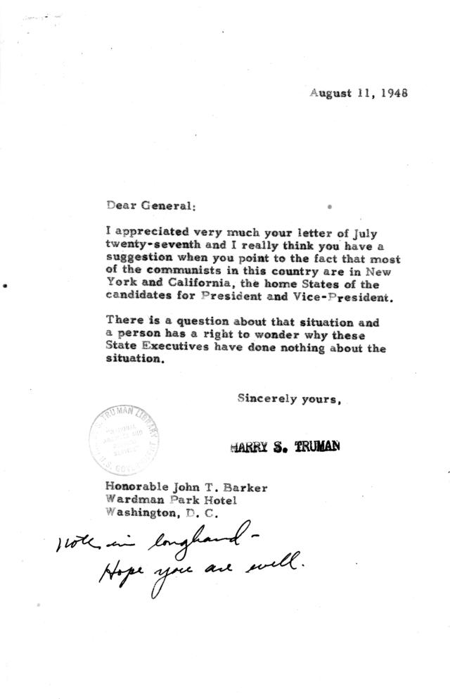 Correspondence between Harry S. Truman and John T. Barker