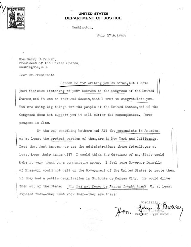 Correspondence between Harry S. Truman and John T. Barker