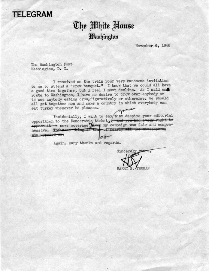 Washington Post to Harry S. Truman, with attached draft reply