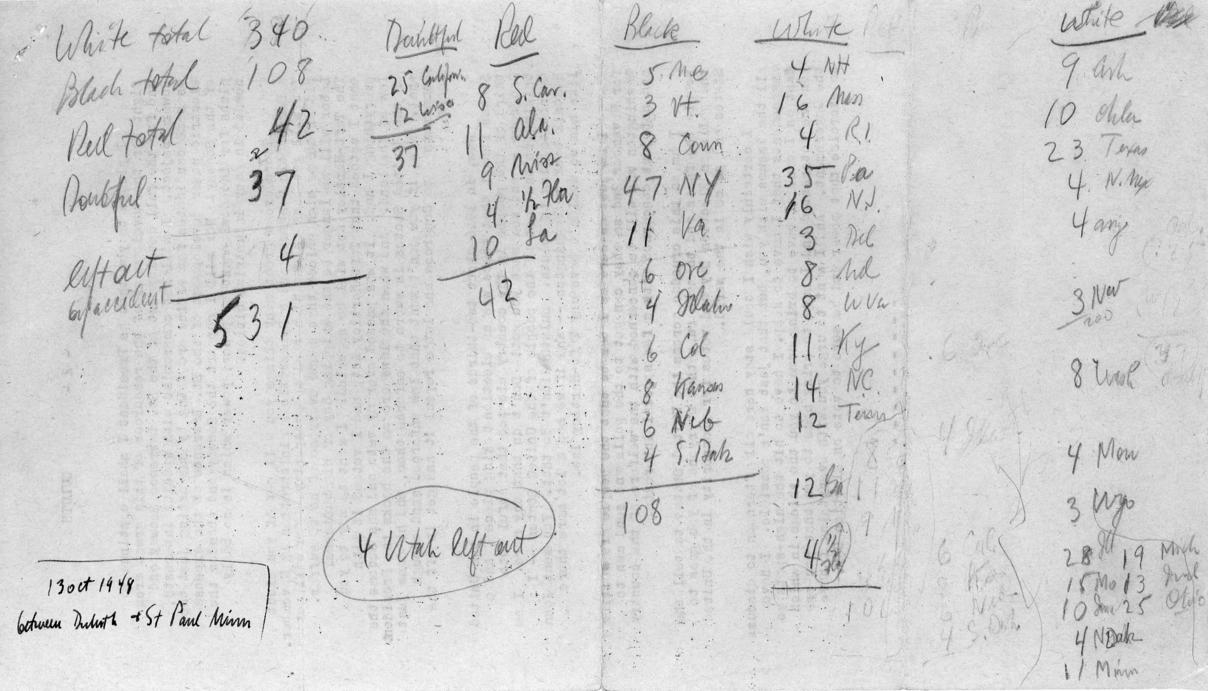 Handwritten estimated tally of electoral votes