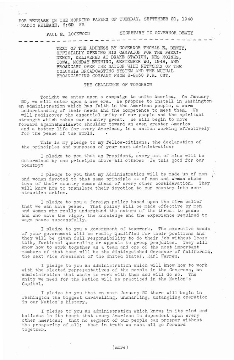 Press release, speech of Thomas E. Dewey