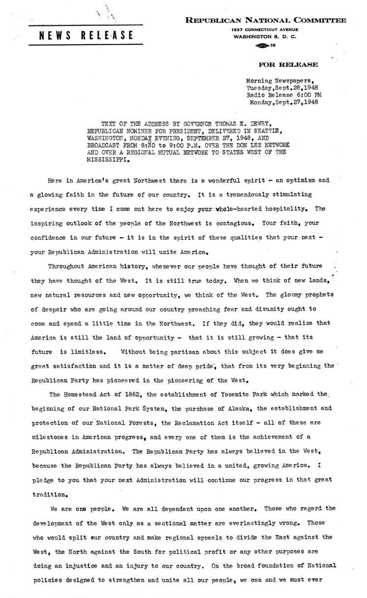Press release, speech of Thomas E. Dewey