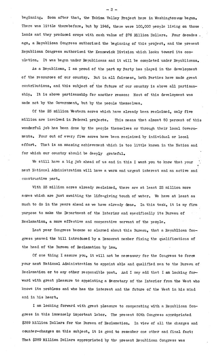 Press release, speech of Thomas E. Dewey