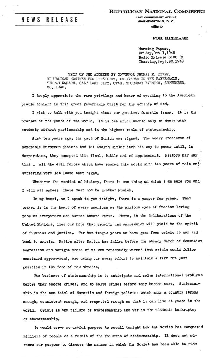 Press release, speech of Thomas E. Dewey