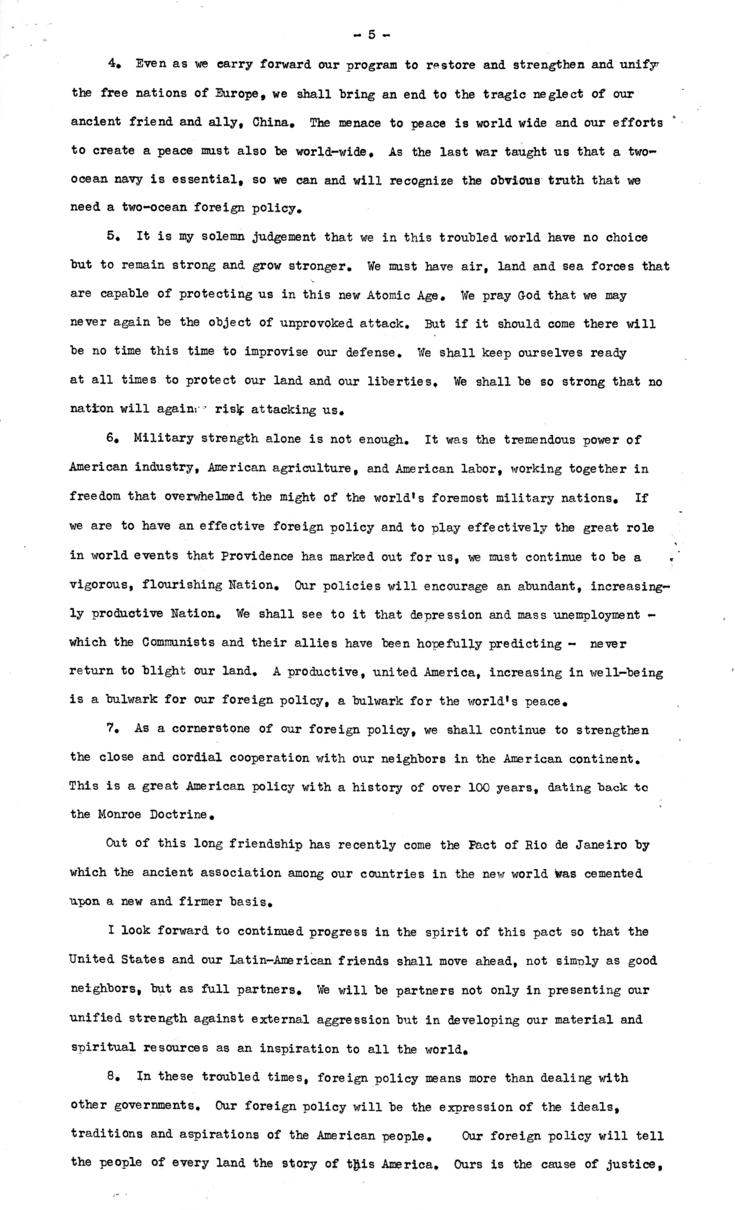 Press release, speech of Thomas E. Dewey