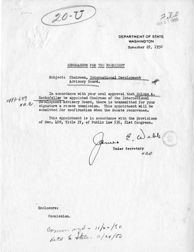 Memorandum, James Webb to Harry S. Truman