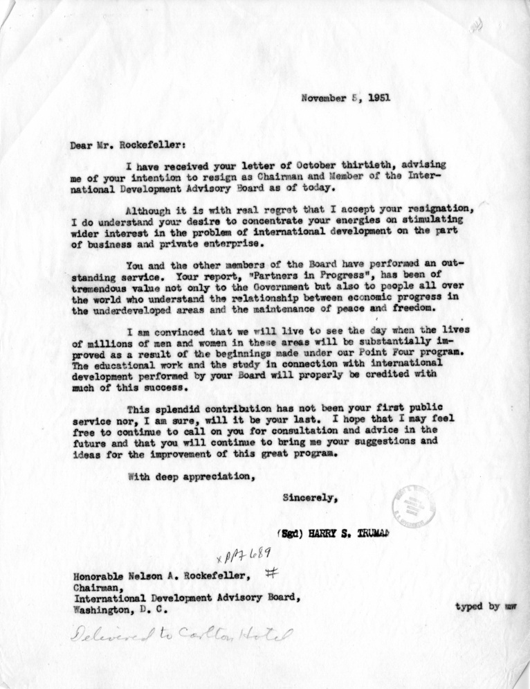 Correspondence Between Harry S. Truman and Nelson Rockefeller, with Related Material