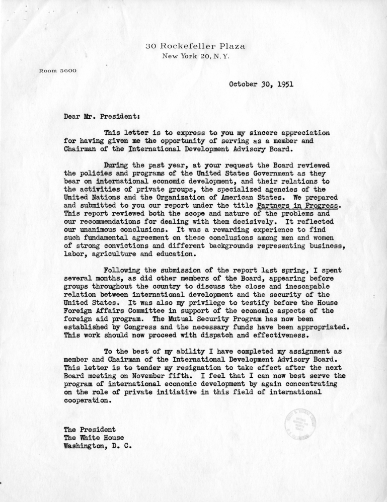 Correspondence Between Harry S. Truman and Nelson Rockefeller, with Related Material