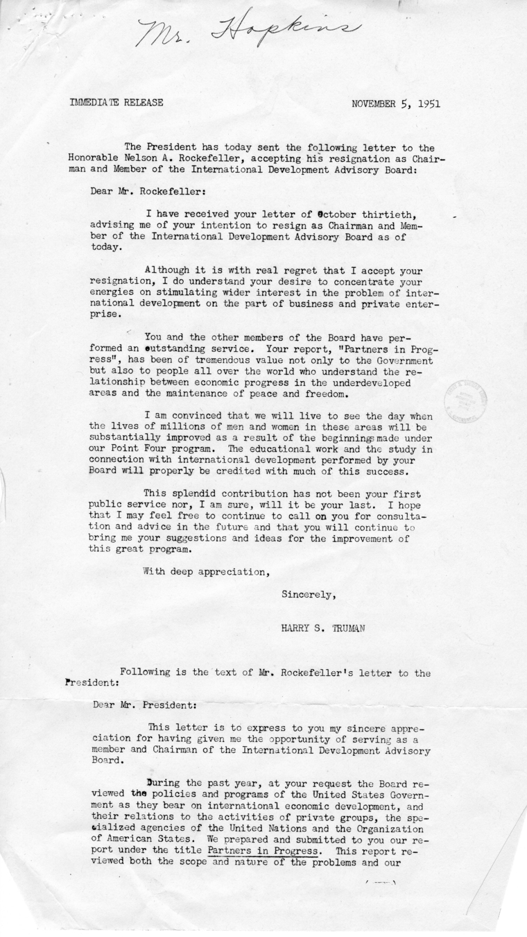 Correspondence Between Harry S. Truman and Nelson Rockefeller, with Related Material