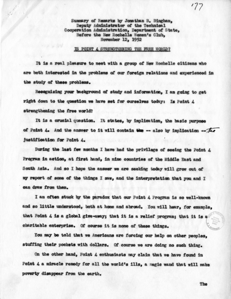 W.J. McWilliams to Roger Tubby, with Attached Speech Delivered by Mr. Jonathan B. Bingham