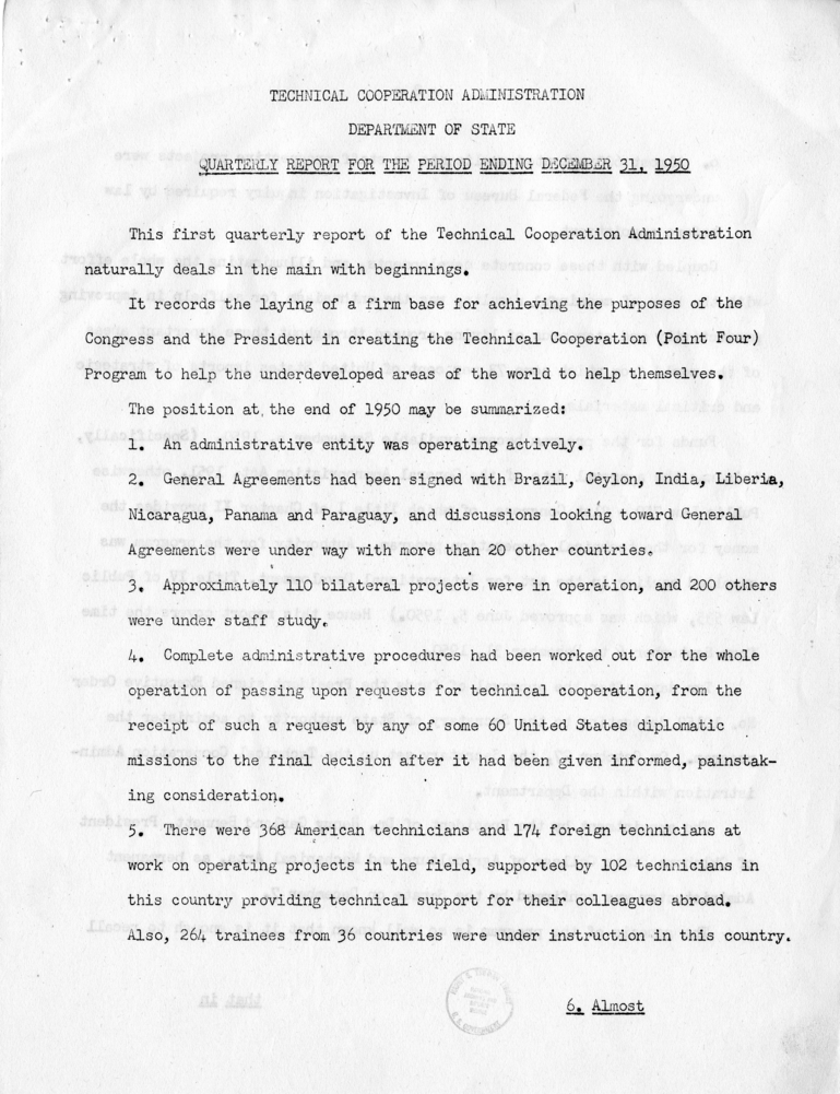 James Webb to Harry S. Truman, with Attached Quarterly Report of the Technical Cooperation Administration