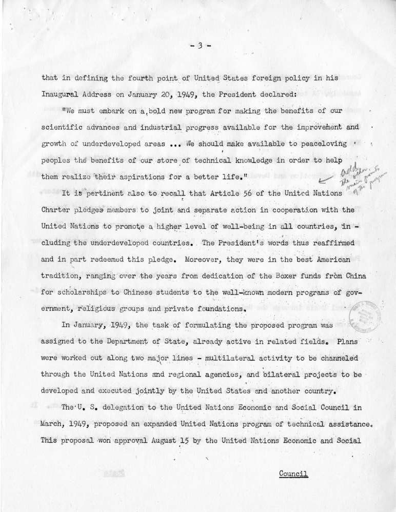 James Webb to Harry S. Truman, with Attached Quarterly Report of the Technical Cooperation Administration