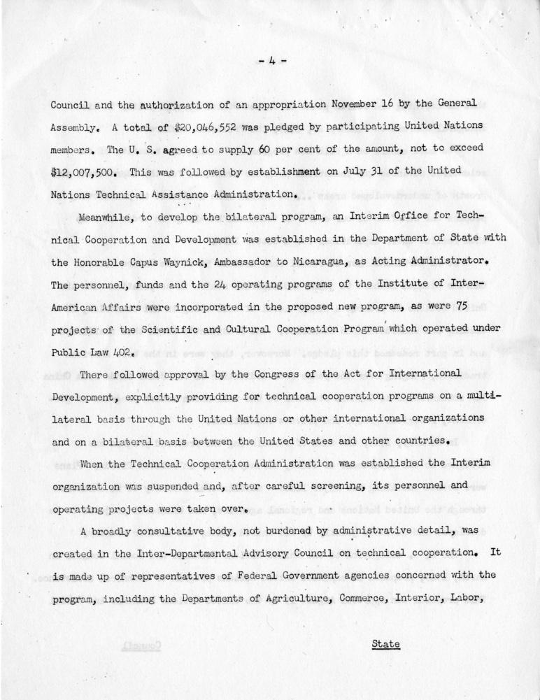 James Webb to Harry S. Truman, with Attached Quarterly Report of the Technical Cooperation Administration