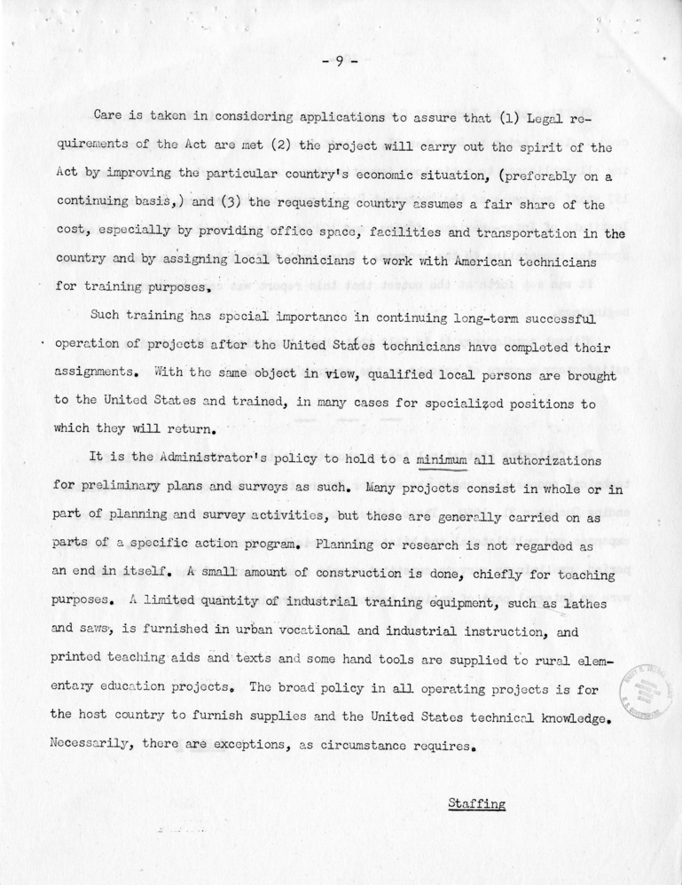 James Webb to Harry S. Truman, with Attached Quarterly Report of the Technical Cooperation Administration