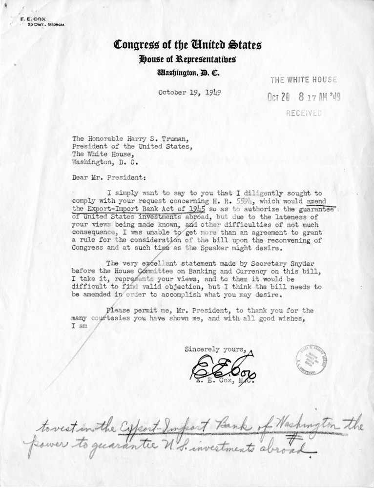 Correspondence Between Harry S. Truman and E.E. Cox