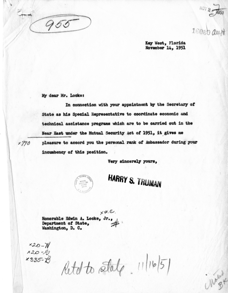 Harry S. Truman to Edwin Locke, with Related Material