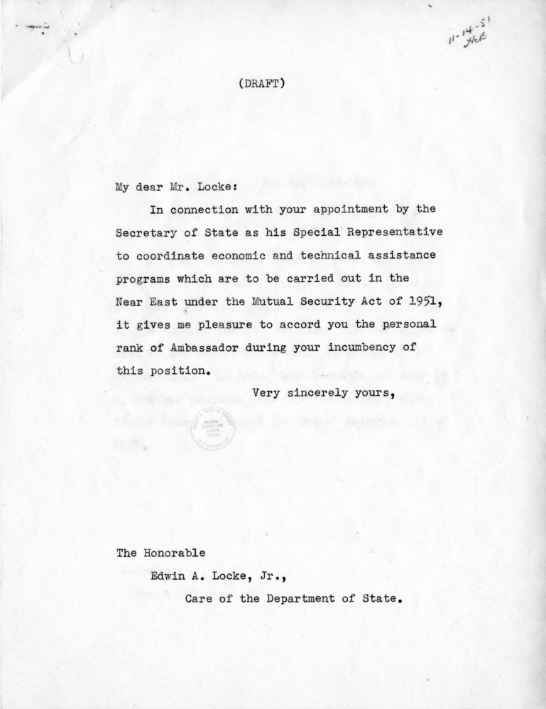 Harry S. Truman to Edwin Locke, with Related Material