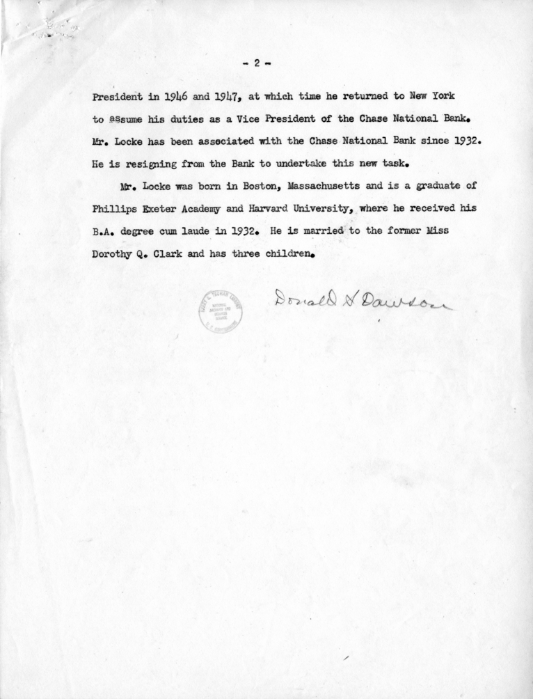 Harry S. Truman to Edwin Locke, with Related Material