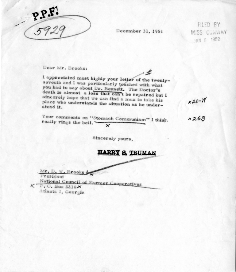 Correspondence Between Harry S. Truman and D.W. Brooks