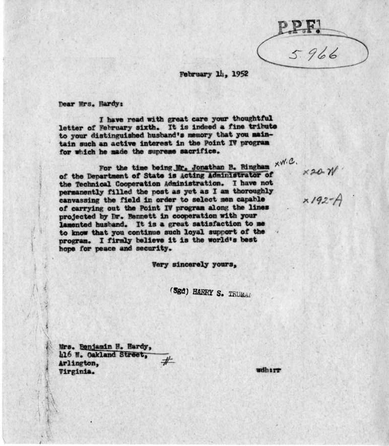 Correspondence Between Harry S. Truman and Christine Hardy