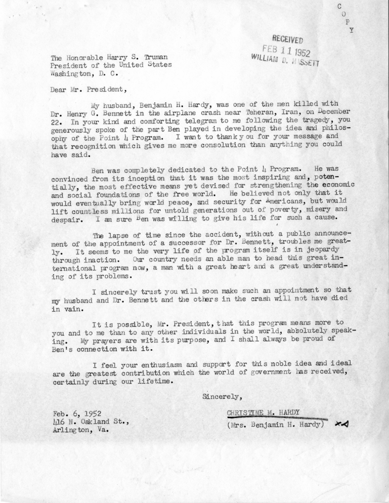 Correspondence Between Harry S. Truman and Christine Hardy