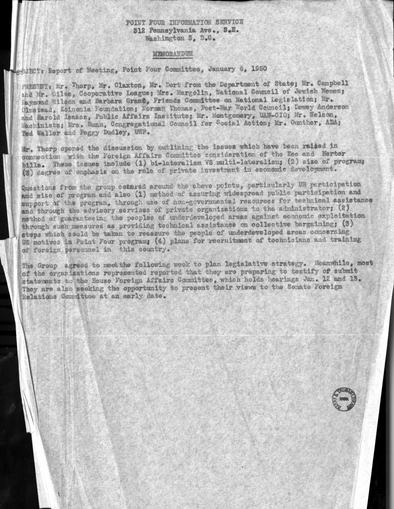 Memorandum, Point Four Committee