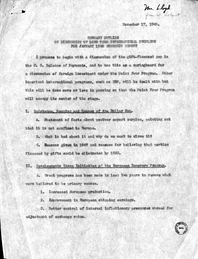 "Summary Outline of Discussion of Long Term International Problems for January 1950 Economic Report"