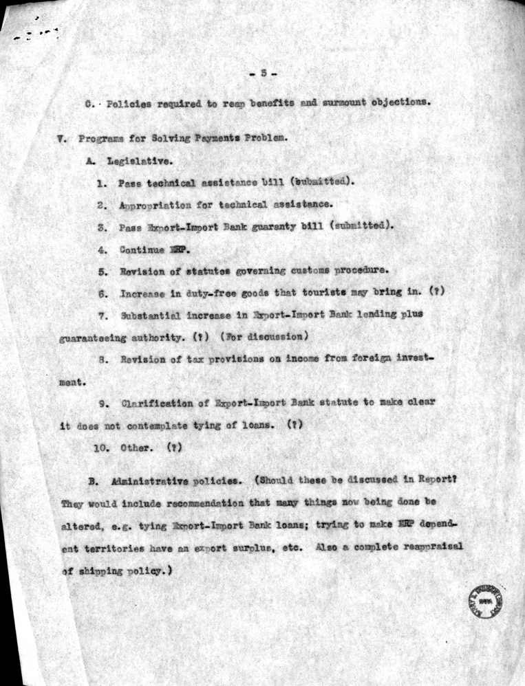 "Summary Outline of Discussion of Long Term International Problems for January 1950 Economic Report"