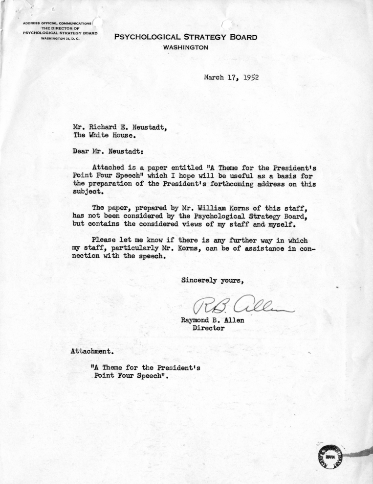 Raymond Allen to Richard Neustadt, with Attachment