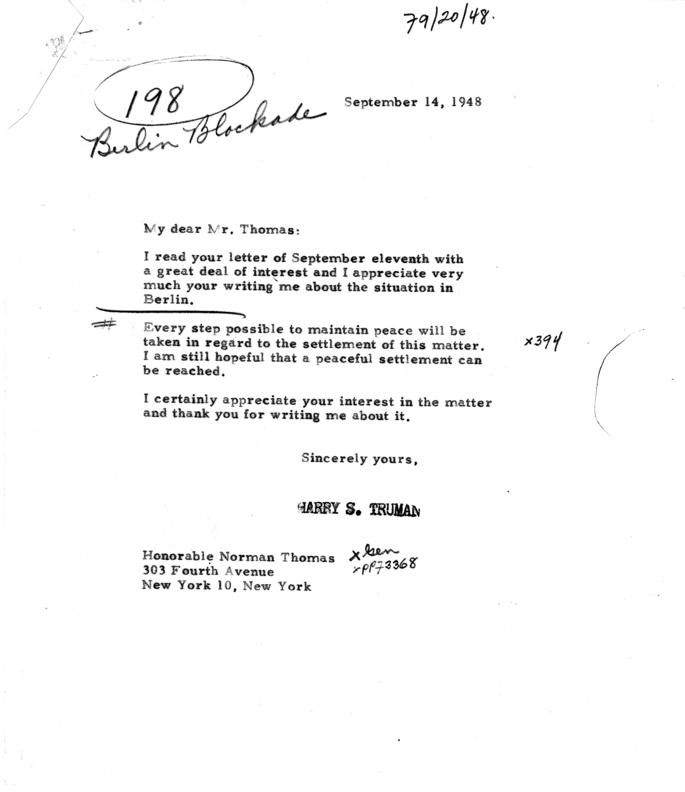 Correspondence between Norman Thomas and Harry S. Truman, with attachment