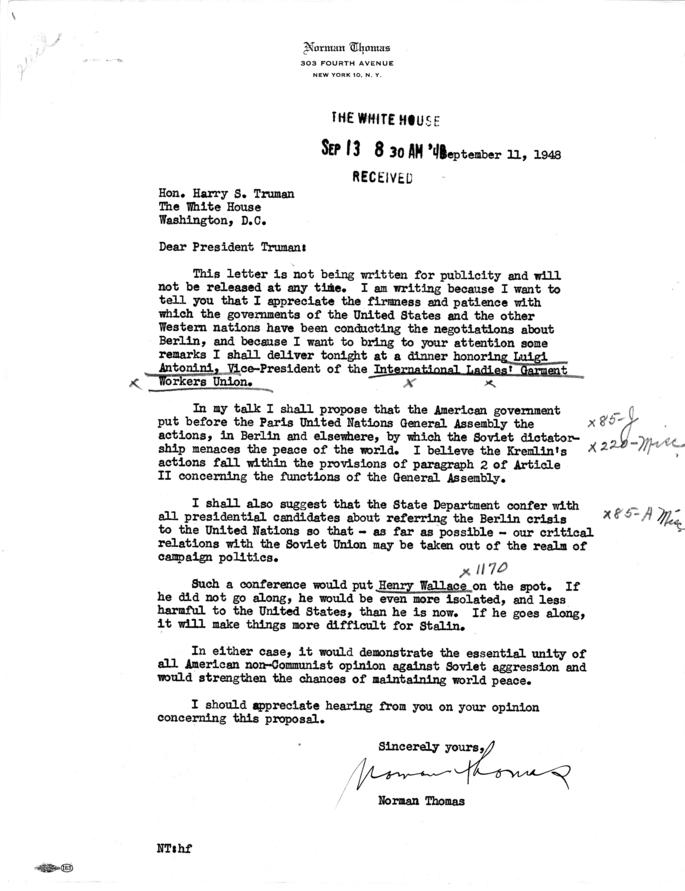 Correspondence between Norman Thomas and Harry S. Truman, with attachment